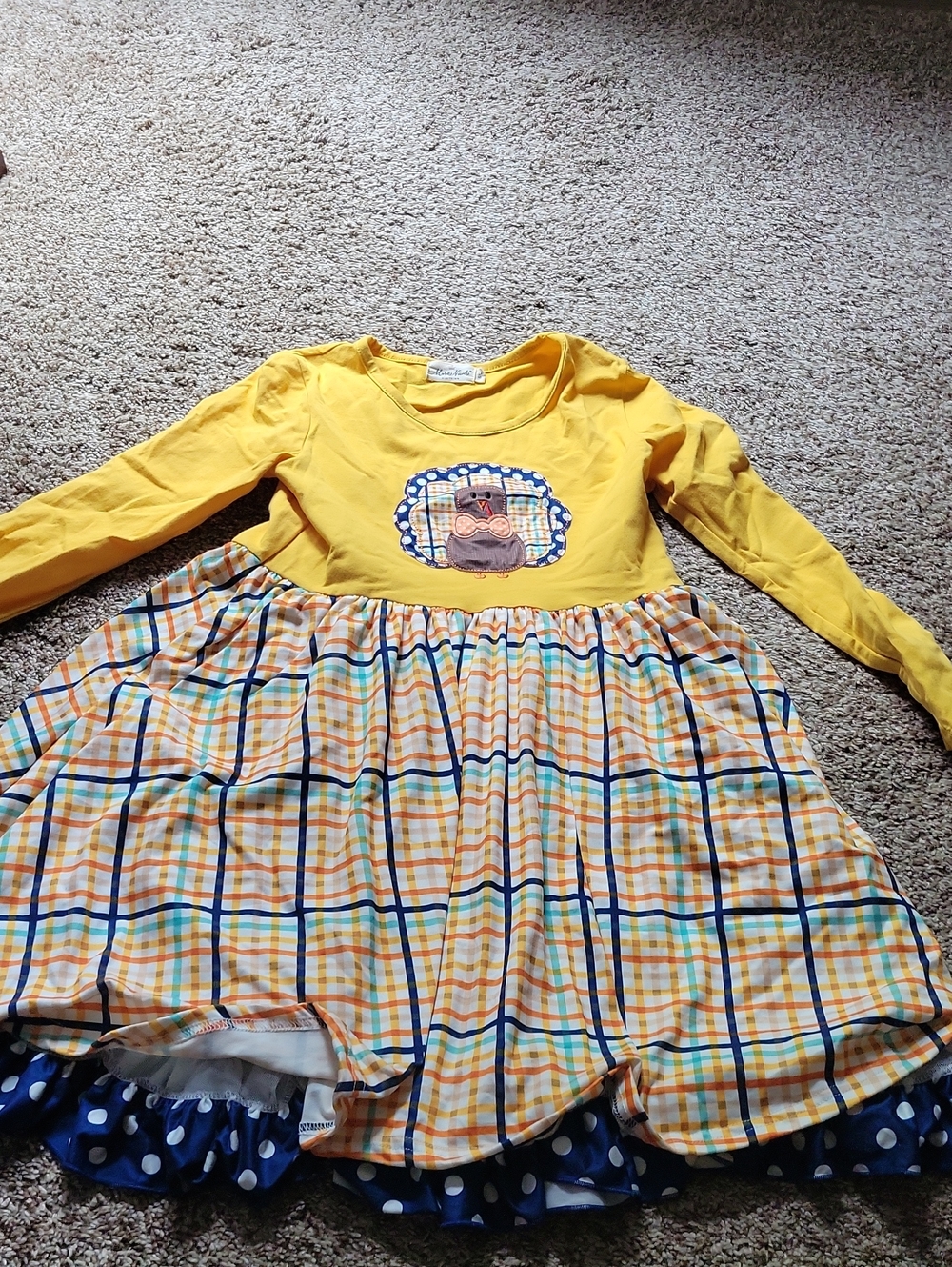 Yellow Plaid Long-Sleeve Girls Dress with Ruffle Hem